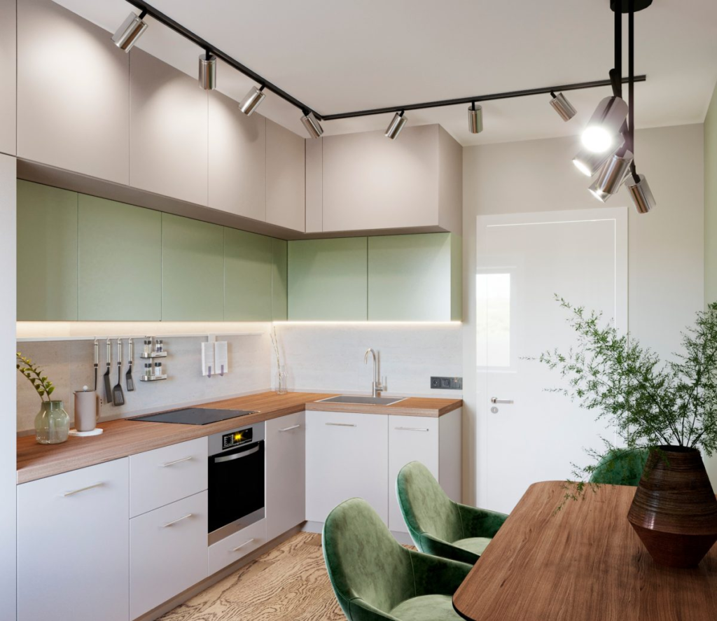 Exquisite small kitchen with color combination and scientific furniture